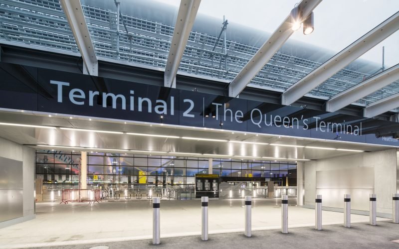 Heathrow, Terminal 2A, top level entrance from vehicle drop-off point, nearing completion, 30 January 2014.